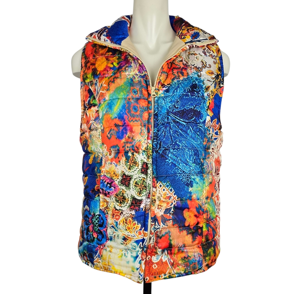 Orientique Naturally Australian Women Vibrant Multicolor Print Puffer Vest Sz S